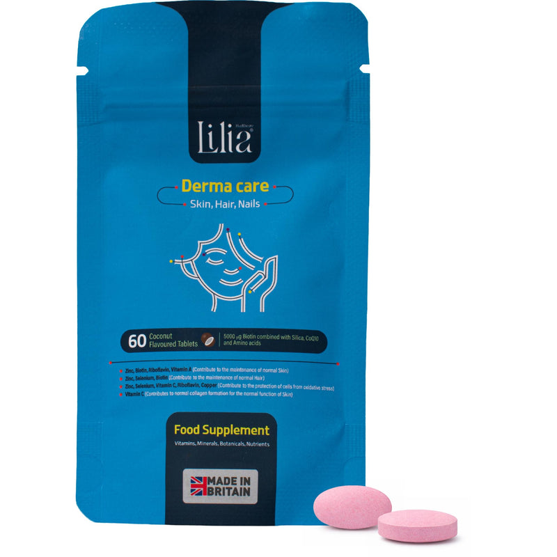 Lilia Derma Care Nail, Skin and Hair Supplements for Women and Men (60 Coconut Flavoured Tablets) Balanced Blend of Biotin, Silica and Hair Skin and Nails Vitamins - Skincare Made in UK