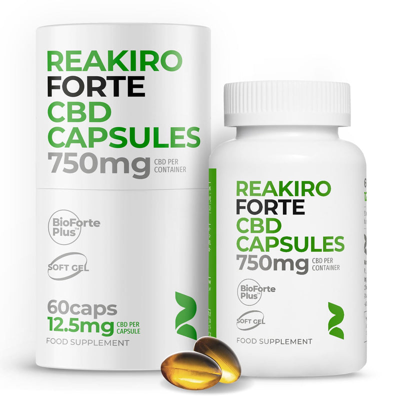 Reakiro Forte CBD Soft Gel Capsules 750mg 60pcs | Fast-Acting CBD Capsules with BioForte Plus | 12mg Cannabidiol Oil per Capsule I High Strength | Stress & Anxiety Relief