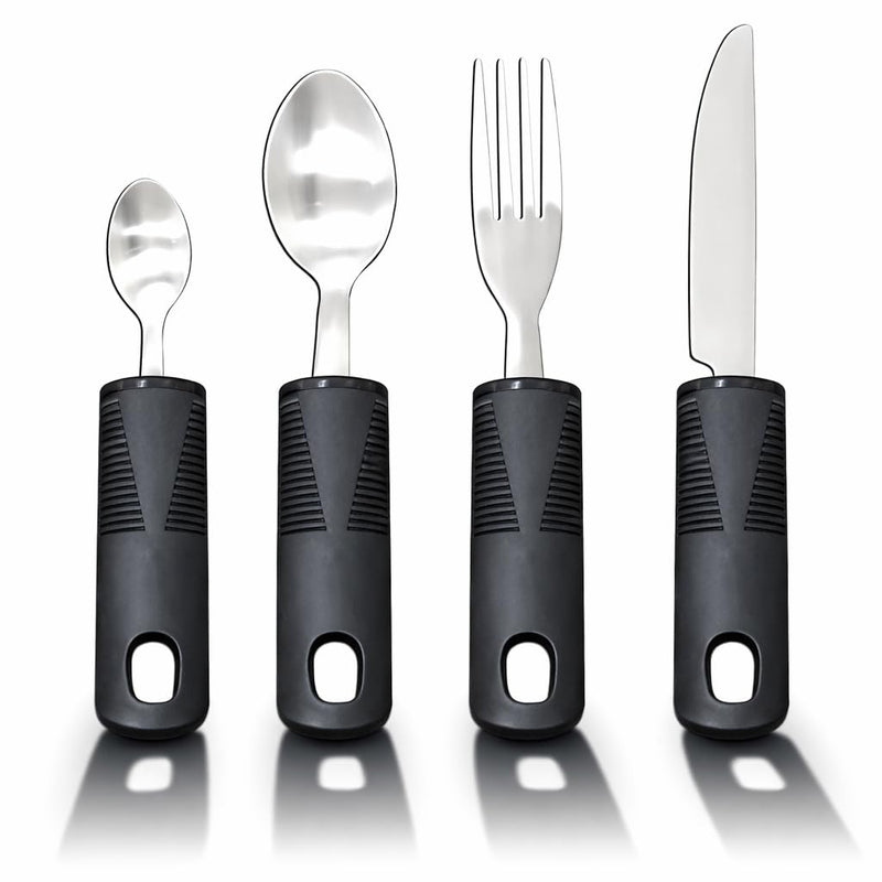 Disability Aids Easy Grip Eating Utensils Set of 4 – Extra Wide Handles, Adaptive Forks and Spoons for Adults, Comfortable Grips Ideal for Elderly, Disabled, Arthritis, Tremors (Straight) Straight