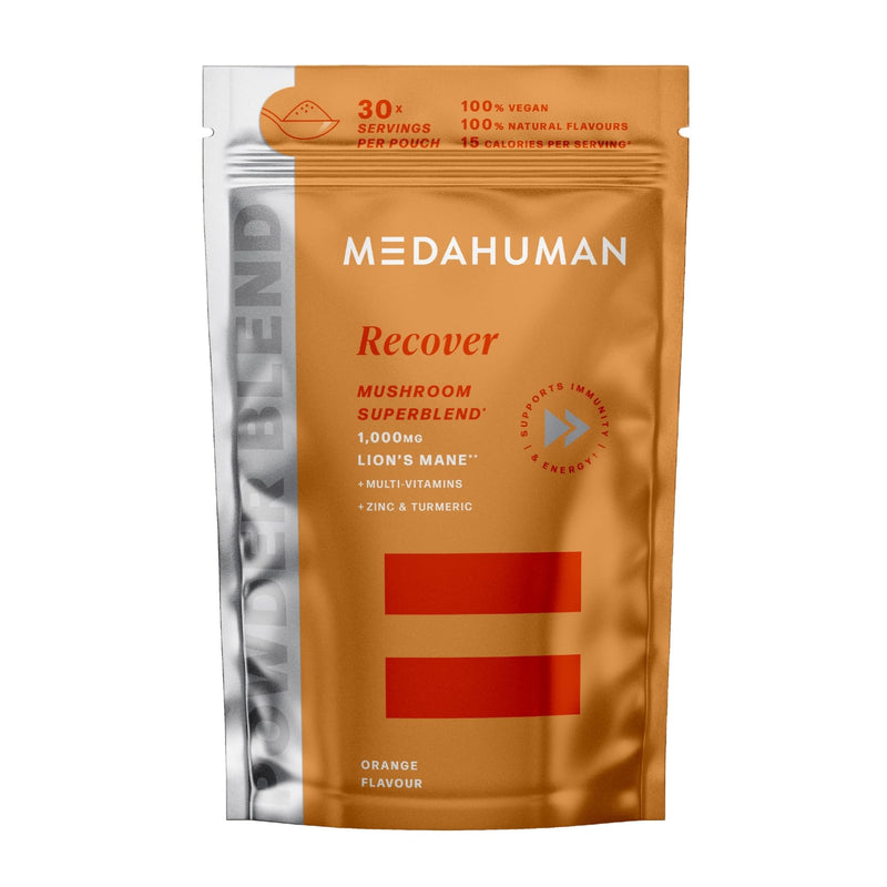 Medahuman Recover Superblend Recovery Powder with Lion's Mane Mushroom, B Vitamins, Zinc, Turmeric & Ginger – Orange Flavour Adaptogen Post Workout Support – 150g