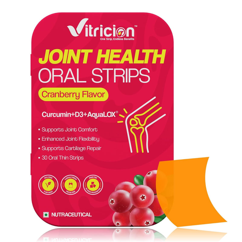Vitricion Joint Health Oral Strips | 30 Oral Strips | Curcumin, Vitamin D3, AquaLOX | Supports Joint Comfort & Flexibility | Cranberry Flavour | Fast Dissolving Supplement Strips, No Water Needed Pack of 1 (30 Oral Strips)