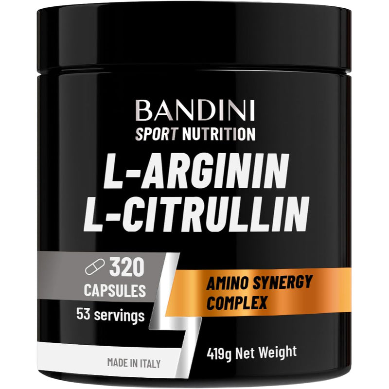 Bandini® L-Arginine + L-Citrulline 320 Capsules (1100 mg per Capsule), Arginine + Citrulline Malate Complex High Strength for Pre-Workout, Gym, Endurance, Muscle Recovery, Semi-Essential Amino Acids