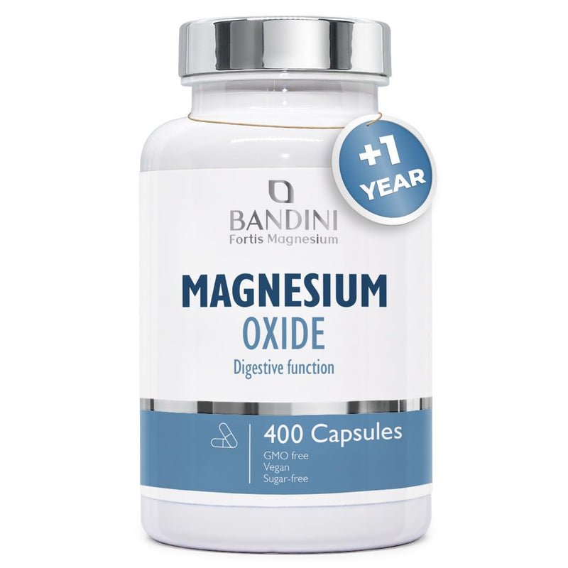 Bandini® Magnesium Oxide 400 Capsules (+1 Year), 664 mg (Including 400 mg Elemental Magnesium) per Capsule, Support for Digestion and Fatigue, High Strength Dietary Supplement, 100% Vegan