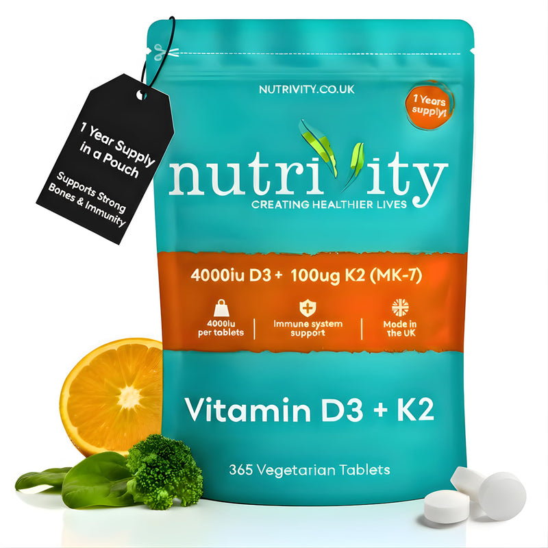 Vitamin D3 4000 IU & Vitamin K2 MK7 100µg | 365 High Strength Vitamin D3 K2 Vegan Tablets | 1 Year Supply D3 and K2 Supplements | Bone, Muscle & Immune Support | Halal | Gluten & Sugar Free | UK Made