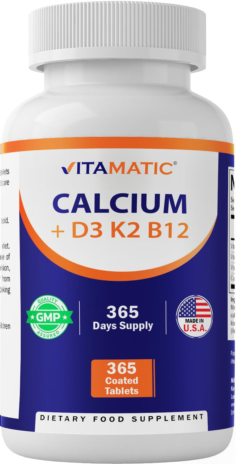 Vitamatic Calcium Supplement 1200mg with D3, K2 & B12, Immune & Bone Health Support - 365 Coated Tablets