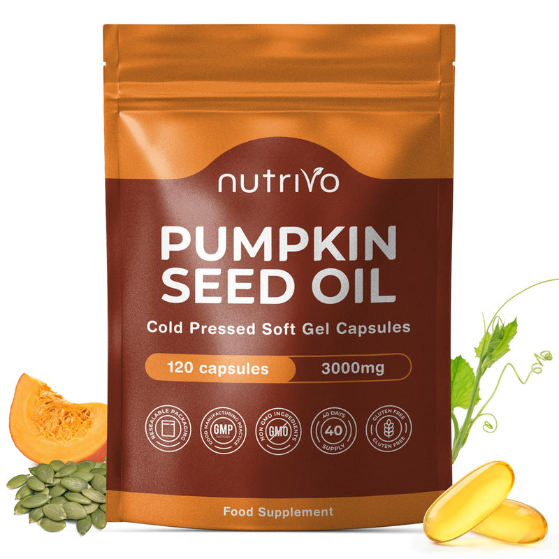 Pumpkin Seed Oil Capsules 3000mg (per 3 Soft Gel Serving) | 120 Capsules | Cold Pressed | Pumpkin Seed Oil for Hair, Prostate and Bladder | UK Made 120 stück (1er Pack)
