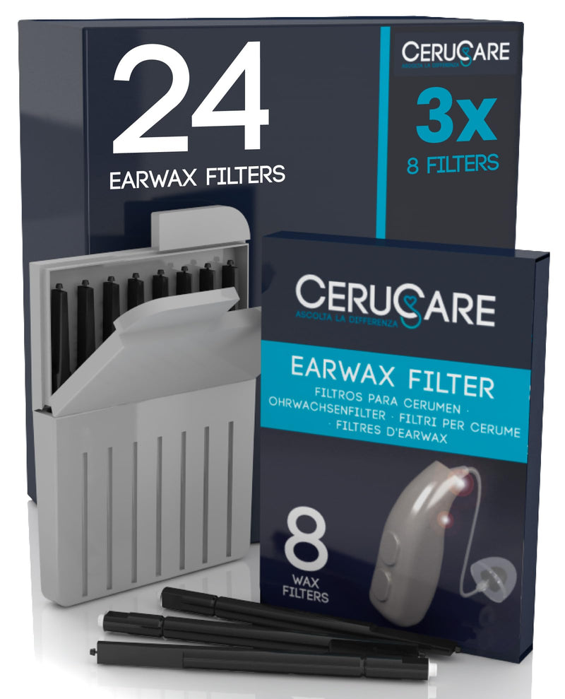 24 Earwax Filters for Hearing Aids Diameter 1.3mm CeruCare Wax Guard for Quick and Effective Cleaning Protects Hearing Aid from Moisture and Dust with Resealable Hard Case