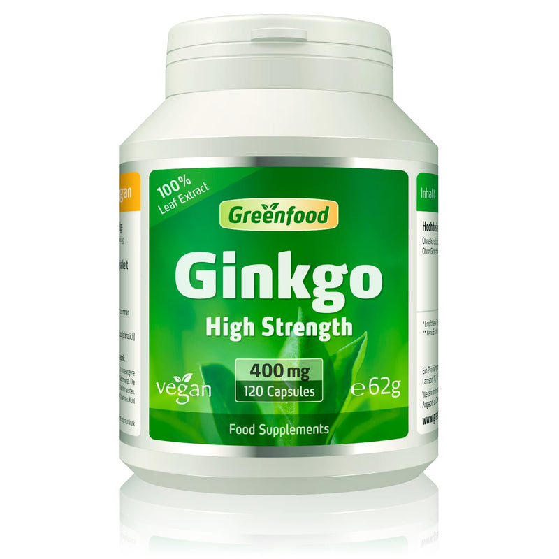 Greenfood Ginkgo Biloba, 400 mg Leaf Extract, high dose (24% flavones), 120 Capsules, with Vitamin B5 - revitalizes Tired Gray Cells. Without Artificial additives. Without Genetic Technology. Vegan.