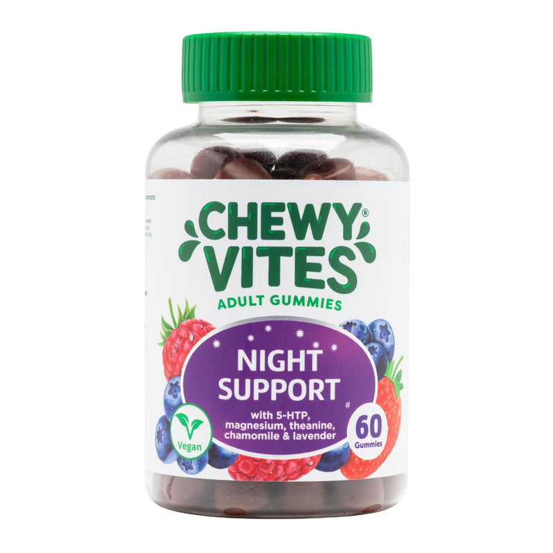 Chewy Vites Adult Night Support, 60 Non-Melatonin Gummies with 5-HTP, Magnesium, Theanine, Chamomile, Lavender, Herbal Night Time Gummies, 1 Months Supply, Berries Flavour