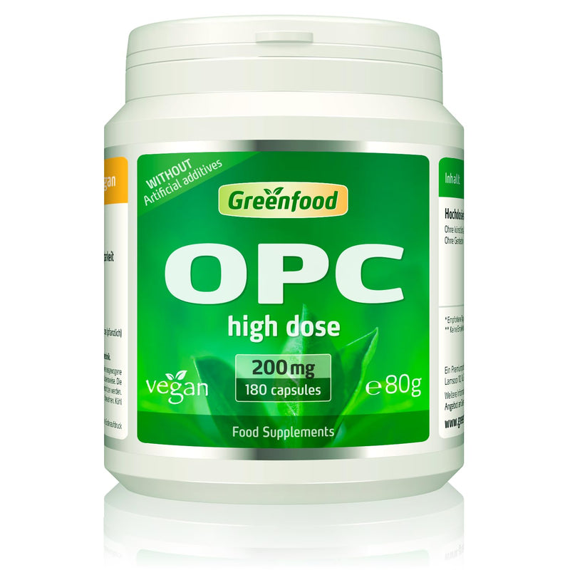 Greenfood OPC, 200 mg, Extra high dose, 180 Capsules - one of the Highest dosed Products on the Market. Without Artificial additives. Without Genetic Engineering. Vegan.