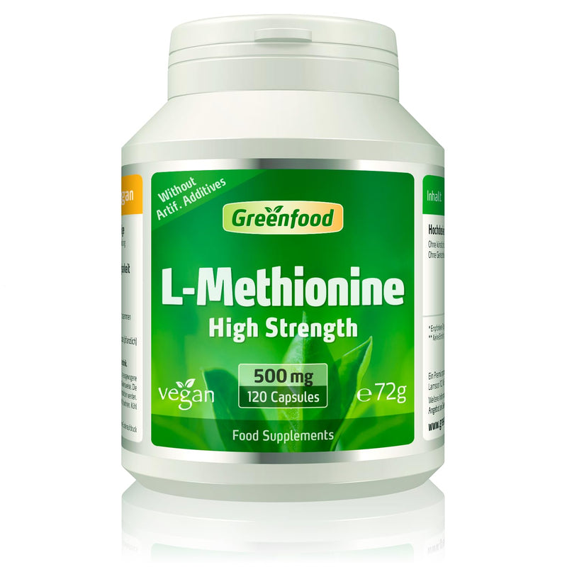 L-methionine, 500 mg, Highly dosed, 120 Capsules, Vegan - Important and Essential Amino Acid. Building Material for proteins. Without Artificial additives, Without GMO.