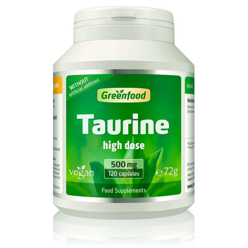 Greenfood Taurin, 500 mg, Highly dosed, 120 Capsules - Natural, Known from Energy Drinks. Without Artificial additives. Without Genetic Engineering. Vegan.