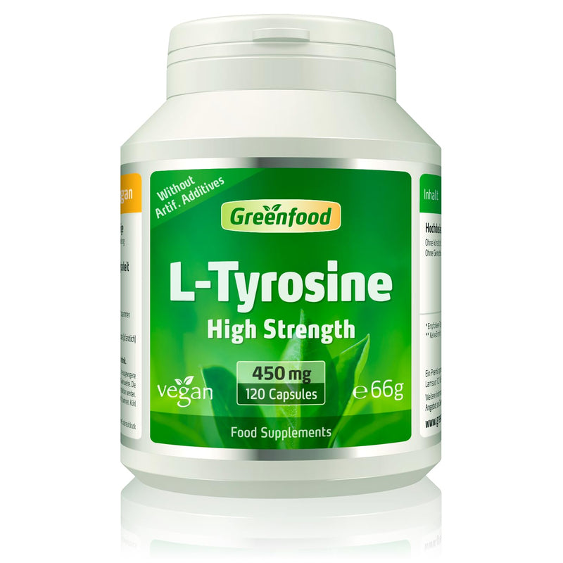 L-Tyrosine, 450 mg, high dosed, 120 Capsules, Vegan - Important Amino Acid. Produced by Fermentation. Without Artificial additives. Without GMO. Vegi Capsules.