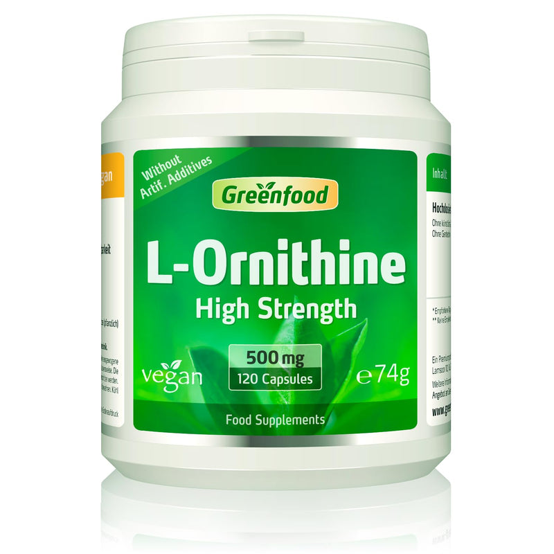 Greenfood L-ornithine, 500 mg, high dose, 120 Capsules - Important Amino Acid. Produced by Fermentation. Without Artificial additives, Without Genetic Manipulation. Vegan.