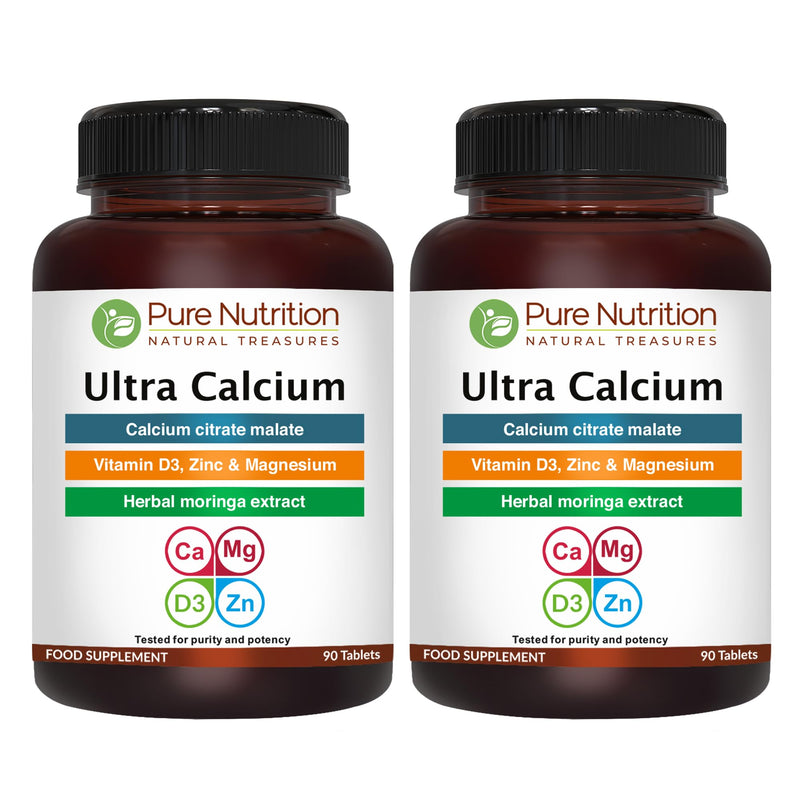 Pure Nutrition Ultra Calcium 1000mg with VIT D3 + K | 90 Tab X Pack of 2 (180 Tabs) | Highly absorbable Calcium Supplement with Calcium Citrate Malate, VIT D3, K