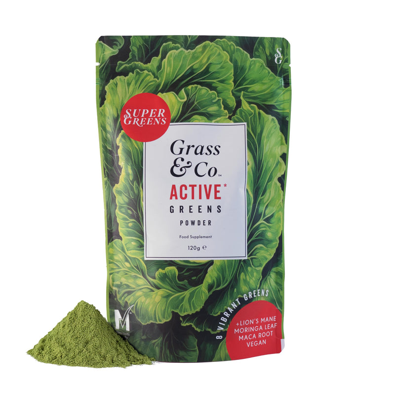 Grass & Co. Active Super Greens | Vegan Daily Greens Powder | 120g | Supports Energy, Digestion & Immunity | with Lion’s Mane, Moringa & Vitamins C, K2 & D3 | Apple & Ginger Flavour | 30 Day Supply Powder | 30 Servings