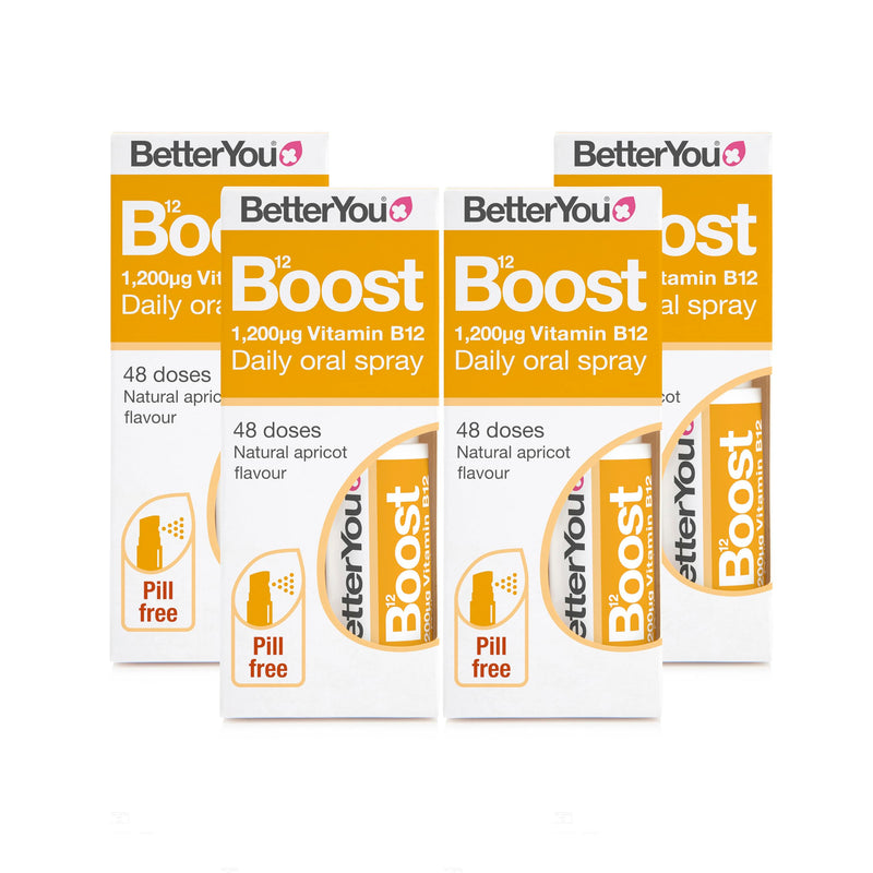 BetterYou Boost Vitamin B12 Daily Oral Spray Vitamin Spray Supplement for Energy Boost 1,200 IU Vitamin B12, Natural Apricot Flavour, Pack of 4, 25ml (192 Sprays)