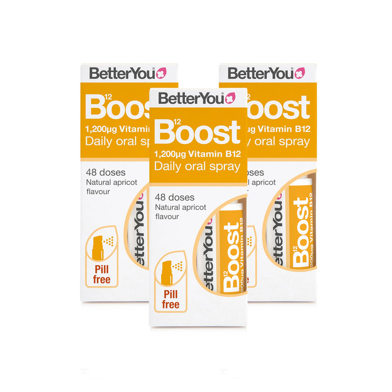 BetterYou Boost Vitamin B12 Daily Oral Spray Vitamin Spray Supplement for Energy Boost 1,200 IU Vitamin B12, Natural Apricot Flavour, Pack of 3, 25ml (192 Sprays)
