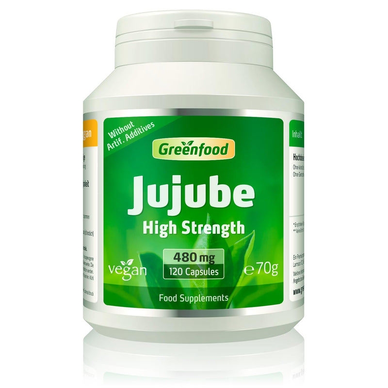 Greenfood Jujube Extract, 480 mg, 120 Capsules, Highly dosed - with Natural Vitamin C, for Strong defences. Without Artificial additives. Without Genetic Engineering. Vegan.