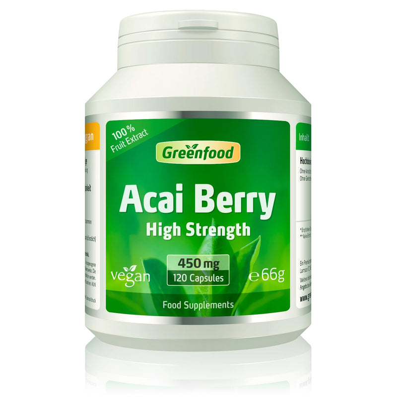 Greenfood Acai Berry, 500 mg, Extract (30:1),120 Capsules - the Blue Cell Protection Power from the Rainforest. Without Artificial additives. Without Genetic Engineering. Vegan. 120 capsules