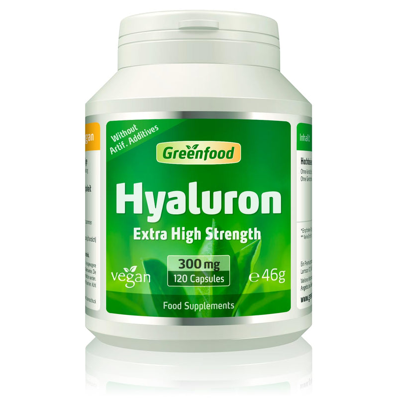 Greenfood Hyaluron, 300 mg, high dose, Vegan, 120 Capsules - Without Artificial additives. Without Genetic Manipulation. Vegan.