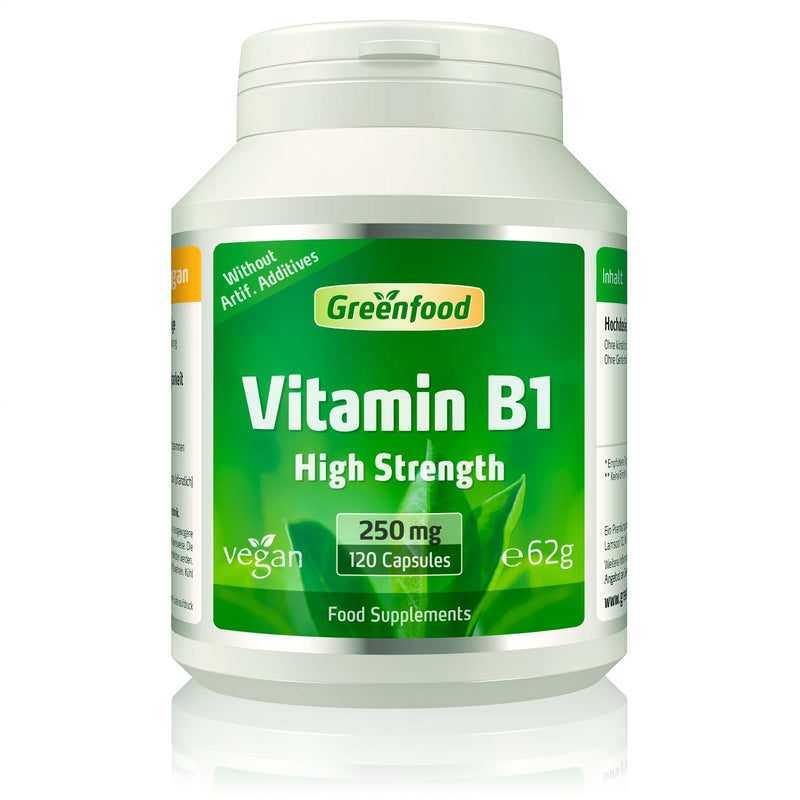 Greenfood Vitamin B1, 250 mg, Highly dosed, 120 Capsules - for Strong Nerves and a Clear Head. Without Artificial additives. Without Genetic Engineering. Vegan