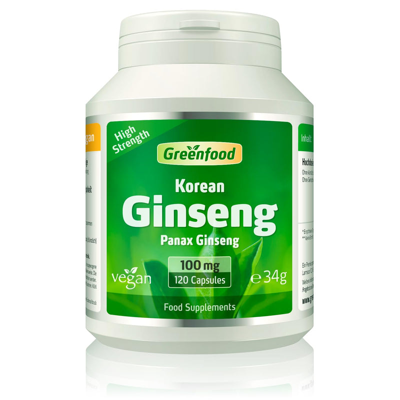 Greenfood Korean Ginseng (red Ginseng), 100 mg, 120 Capsules, high dose - Root Extract with 30% saponins. Without Artificial additives, Without Genetic Engineering. Vegan.