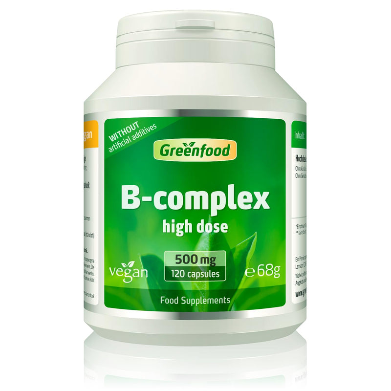 Greenfood B-Complex, 560 mg, high dose, 120 Capsules - All Vitamins of the B Group. Contributes to the Maintenance of Energy (B12), Nervous and Immune System (B6), Normal Skin and Hair (B7).Vegan.