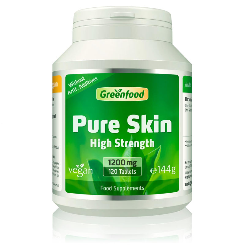 Greenfood Pure Skin, 1200 mg, Extra high Dosage, 120 Tablets, Vegan - contributes to Normal Skin, Hair (biotin) and Regulation of Hormone Activity (Vitamin B6). Without Artificial additives. No GMO.