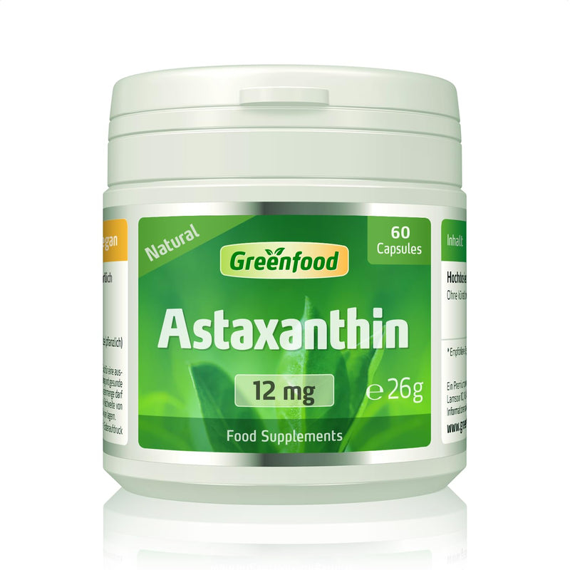 Greenfood Astaxanthin, 12 mg, high dose, 60 Capsules - Natural, Without Artificial additives, Without Genetic Engineering. with Natural Vitamin E.