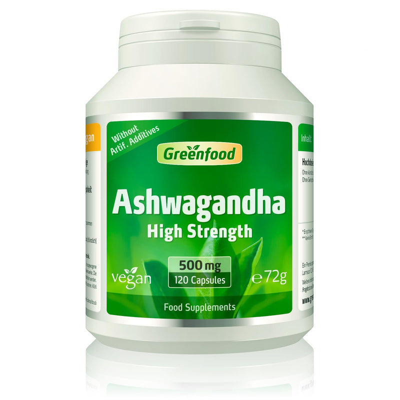 Greenfood Ashwagandha Extract (Withania somnifera), high dose, 500 mg, 120 Capsules - one of the Most Important Plant extracts in Ayurveda. Without additives, Without Genetic Engineering, Vegan.