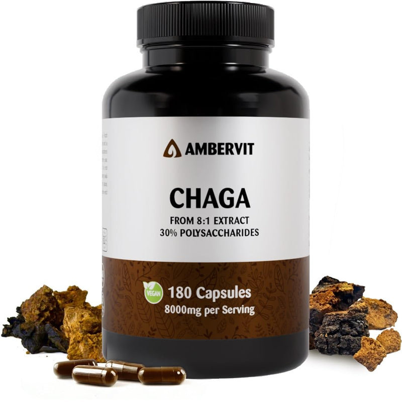 Chaga Mushroom Capsules 8000mg – High-Strength Chaga Supplement – Dual Extract with 30% Polysaccharides – 180 Capsules – Fruiting Body – Wild-Harvested from Birch Trees – Ambervit
