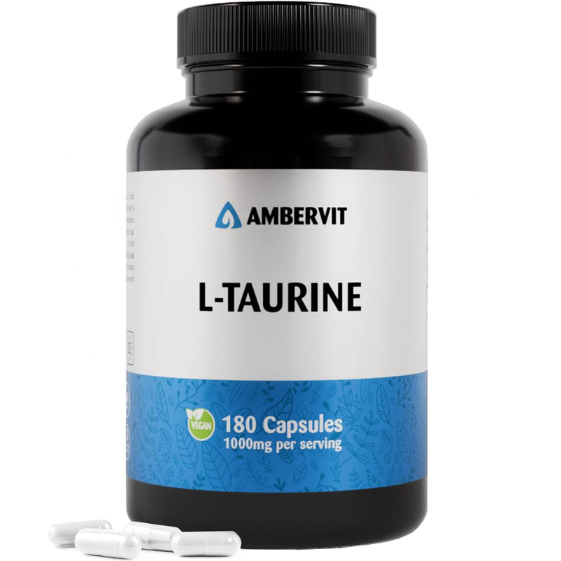 Taurine Supplement 1000mg - 180 Capsules - 3 Months Supply | Vegan L-Taurine, High Dose Amino Acid | No Artificial Fillers & Gluten Free | Ambervit