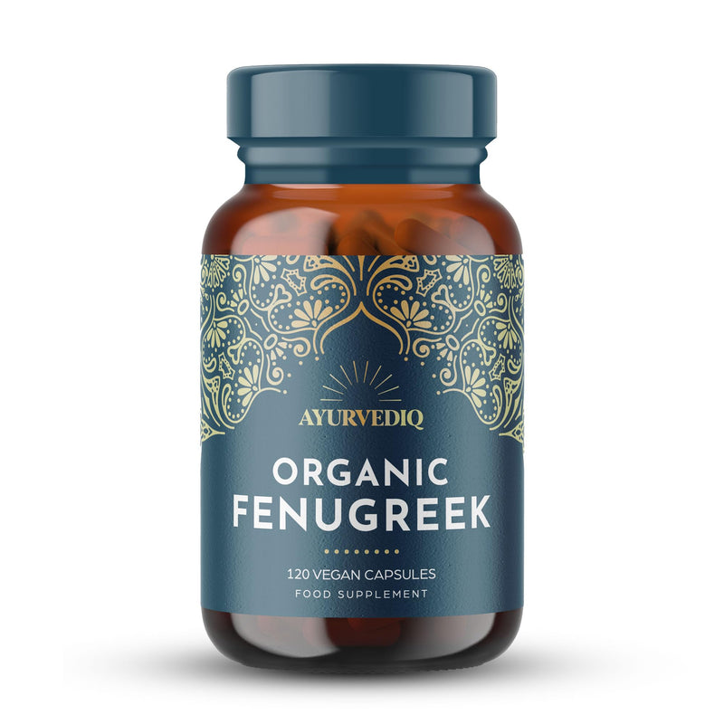 Ayurvediq Organic Fenugreek Capsules - 120 Vegan High Strength Fenugreek Powder Capsules for Lactating Mums, Hormonal & Blood Sugar Balance, Natural Supplements for Digestion 1 count (Pack of 120)