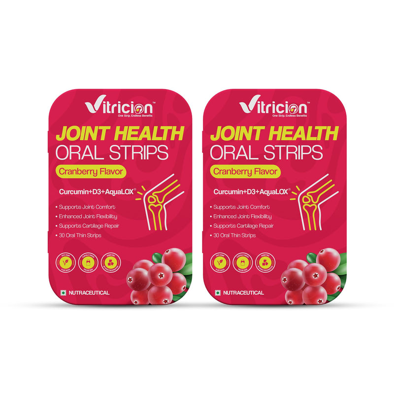 Vitricion Joint Health Oral Strips | 60 Oral Strips | Curcumin, Vitamin D3, AquaLOX | Supports Joint Comfort & Flexibility | Cranberry Flavour | Fast Dissolving Supplement Strips, No Water Needed Pack of 2 (90 Oral Strips)