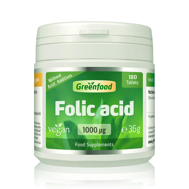 Greenfood Folic Acid, 1000 µg, Extra high dose, 180 Tablets - Plays a Role in the Cell Division Process, contributes to Normal Blood Formation and Maternal Tissue Growth During Pregnancy. Vegan.