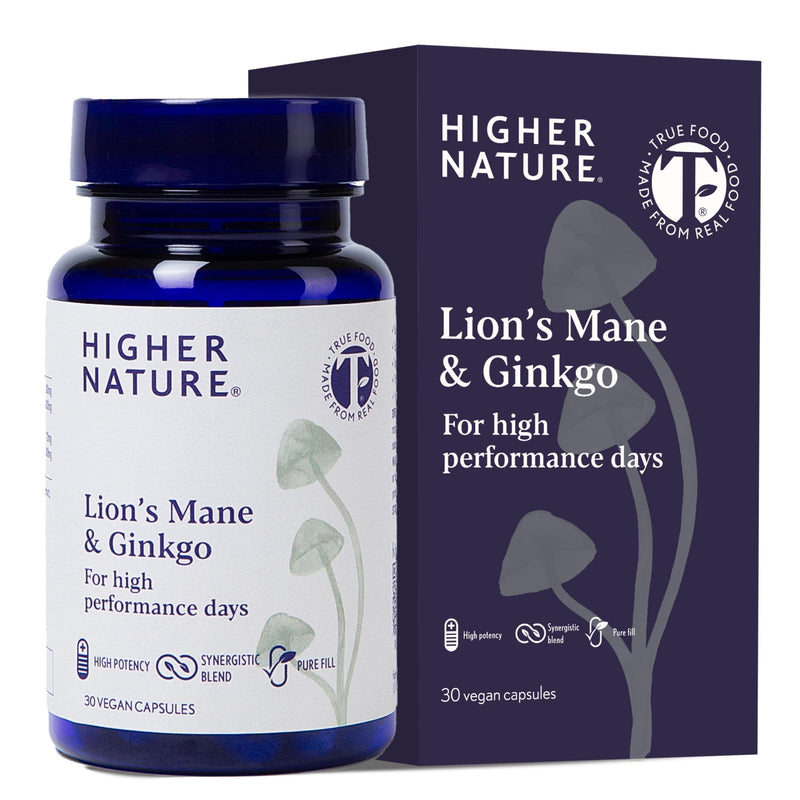 Higher Nature - Lion's Mane & Ginkgo - for High Performance Days - True Food® Formula - High Strength Ginkgo Biloba 6000mg & Lion's Mane Mushroom 3000mg - Vegan Formula - 30 Capsules
