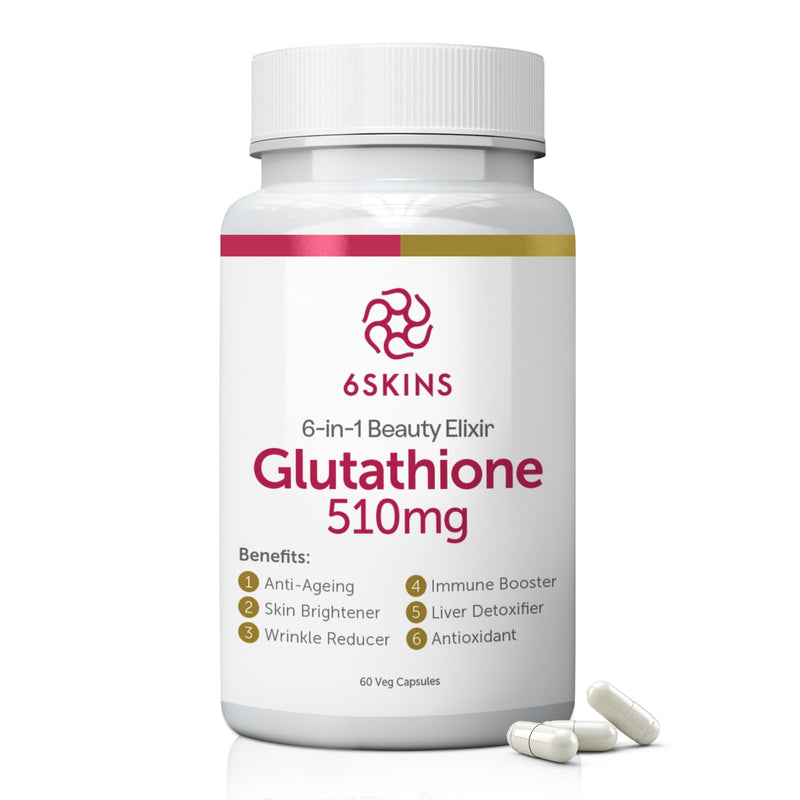 6in1 Beauty Elixir with L-Glutathione 510mg, NAC 102mg, Hyaluronic Acid 150mg Glutathione Supplement with 4X Absorption - Immune and Liver Support, Powerful Antioxidant for Skin - 60 Capsules