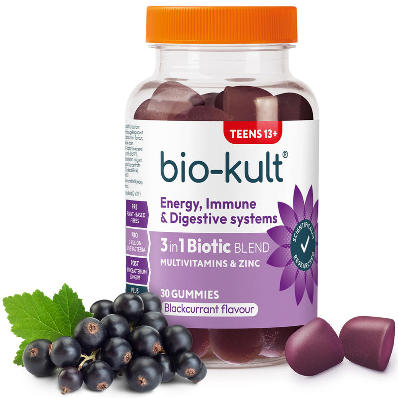 Bio-Kult 3in1 Gut Health Gummies for Teens | 2B CFU + Multivitamins | Blackcurrant Flavour | Ages 13+ | 30 Probiotic Gummies One Size