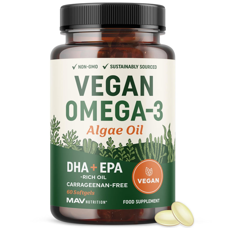 Vegan Omega 3 Algae Oil | Plant Based DHA EPA | Sustainably Sourced, No Carrageenan, Non GMO | Heart, Brain, and Eye Health | Fish Oil Alternative | Algae Omega 3 Supplement | 60 Softgel Capsules Vegan Algae Oil, 60ct