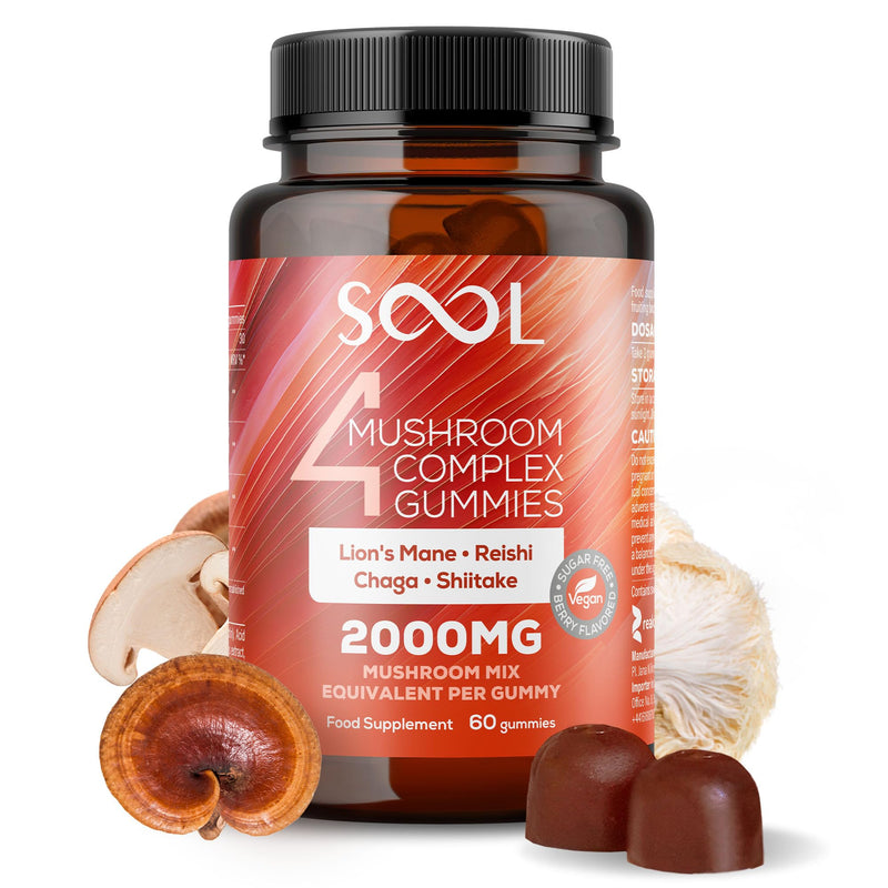 SOOL 4 Mushroom Complex Gummies 2000mg, 60pcs, Berry Flavour: Chaga, Reishi, Shiitake, Lions Mane Supplement | Nootropics Gummies High Strength | Memory & Focus, Energy, Immunity Booster Supplement 60 count (Pack of 1)