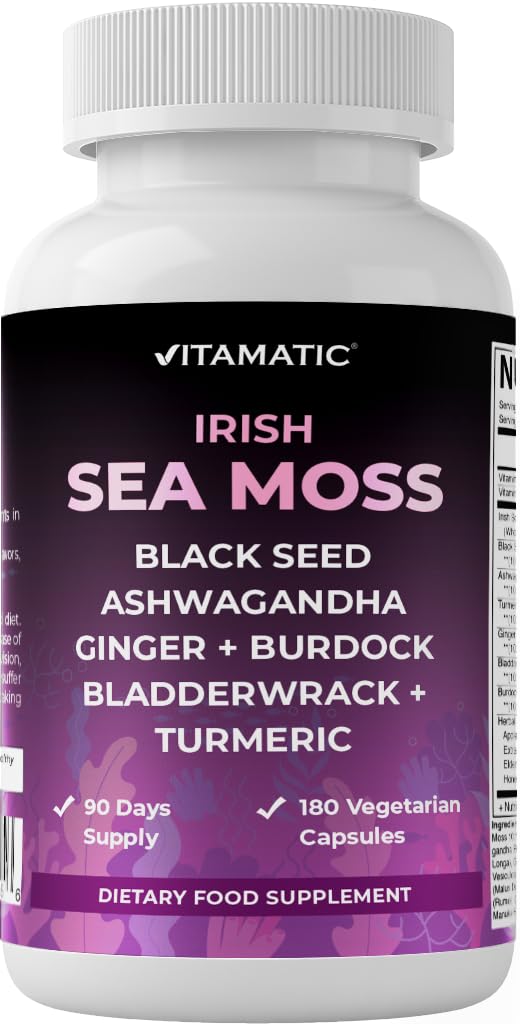 Vitamatic Sea Moss with Black Seed Oil, Ashwagandha, Turmeric, Bladderwrack & Burdock - 180 Vegan Capsules