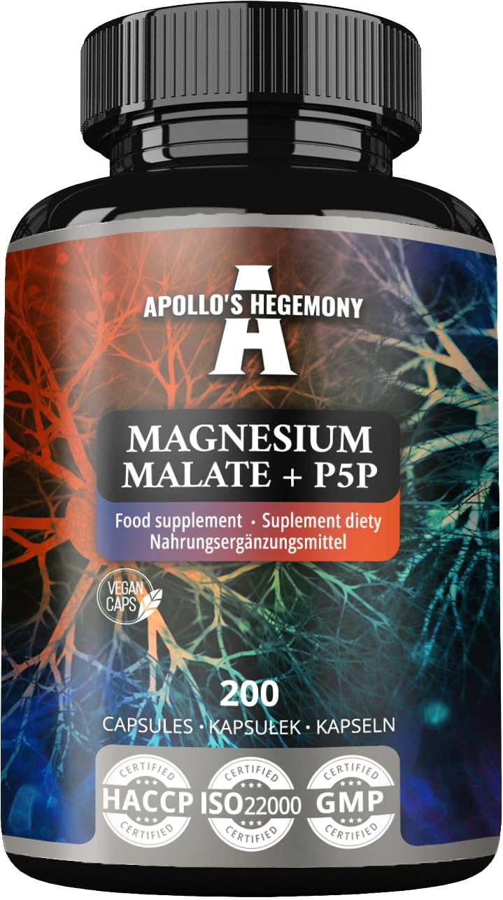 Magnesium Malate 1400 mg per Portion + Vitamin B6 (P-5-P) - 200 Vegan Capsules - 3 Month Supply - Magnesium Malate + Pyridoxal-5-Phosphate - Support Muscle and Bone Health - by Apollo's Hegemony