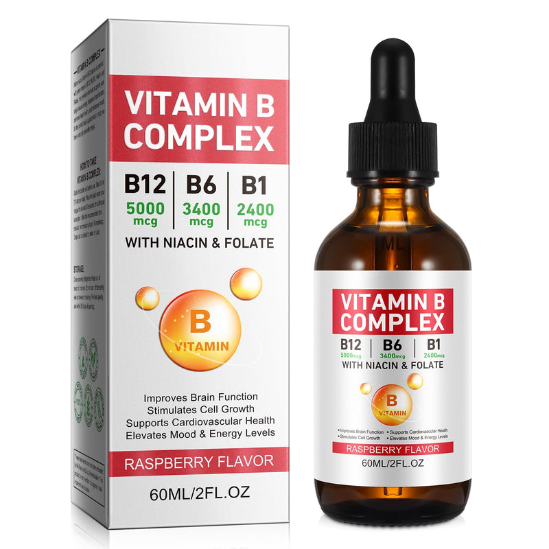 Liquid Vitamin B Complex Supplement, B Vitamins Complex - Vitamin B12 B1 B6 Niacin & Folate, 60ml, Raspberry Flavour - Supports Brain Heart Function, Elevates Mood & Energy Levels
