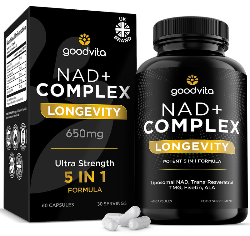 NAD+ Supplement 650mg (5 in 1 Complex) 60 Caps, 2 Month Supply | UK Made | Boost NAD Levels | Resveratrol TMG Fisetin ALA | Liposomal High Bioavailability | Anti-Aging, High Strength