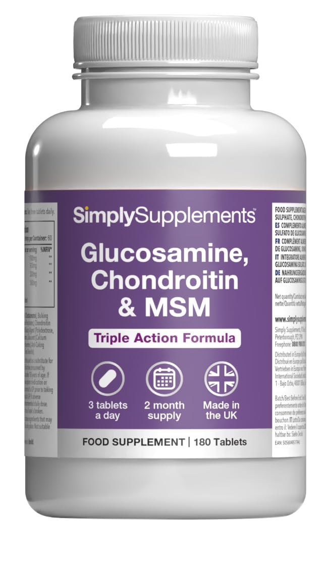 Glucosamine, Chondroitin & MSM Tablets | Supports an Active Lifestyle | 90% Active Chondroitin | 180 Tablets = 2 Months’ Supply | Manufactured in The UK in Accordance with GMP Standards Unflavoured 180 count (Pack of 1)