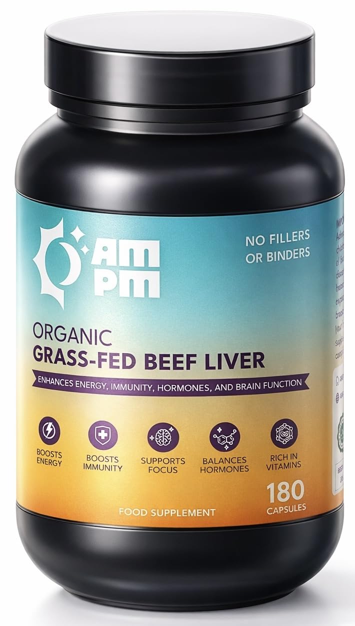 Grass Fed Beef Liver Capsules, Natural Whole Food Supplement, Organic, Non-GMO,180 Capsules By AMPM