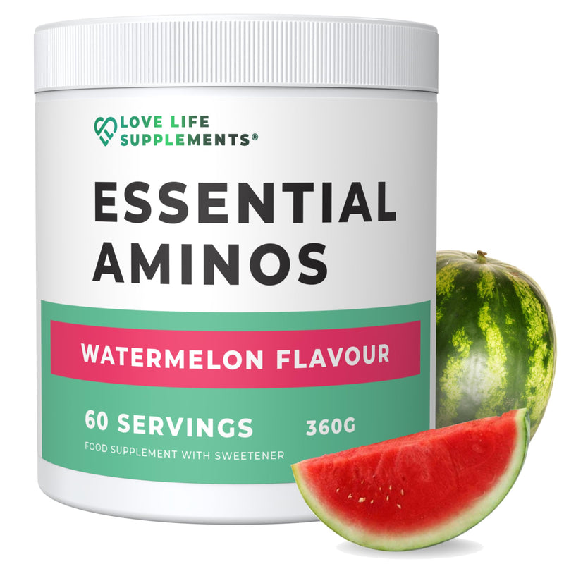 Essential Amino Acids Powder, Full Spectrum EAA & BCAA Drink for Muscle Recovery, Watermelon Flavour, 60 Servings, High Strength Intra Workout Supplement, UK Made - Love Life Supplements Watermelon Powder