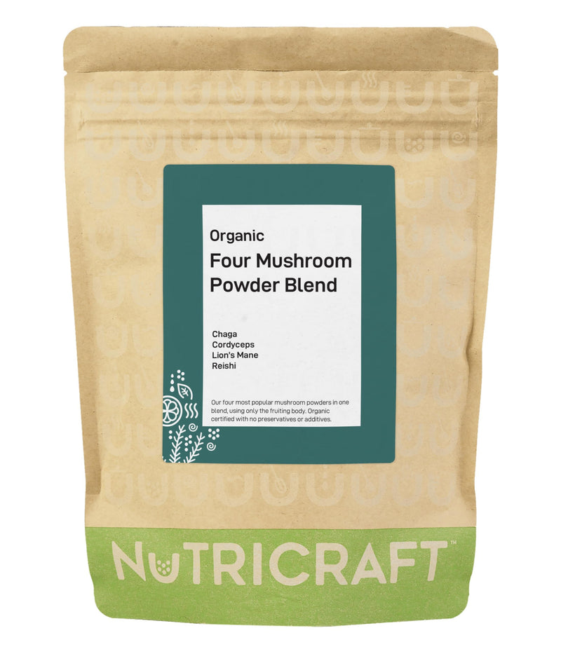 NutriCraft Organic Four Mushroom Blend Powder - 500g - Lion's Mane, Reishi, Cordyceps, Chaga, Vegan, Immune Support, Energy & Brain Health, No Additives or Preservatives 500 g (Pack of 1)
