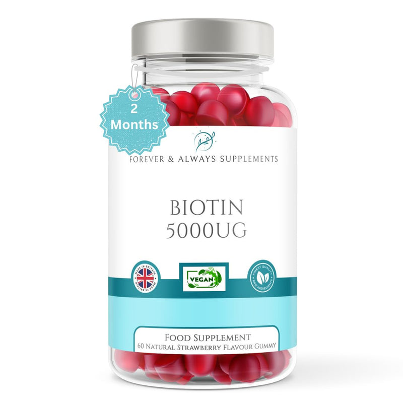 Biotin 5000ug Hair, Skin & Nail Vitamin Gummy | 60 x Vegan Strawberry Flavoured chewable Gummies for Men & Women | Beard, Hair, Skin & Nail Supplement